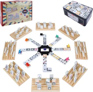 Double 12 Mexican Train Dominoes Set for Adults with 8pcs Wooden Trays, 9 Train Markers, 91 Color Dot Tile Dominos in Tin Box & Hub - Classic Family Board Game Set Party Toy Gift for Kids