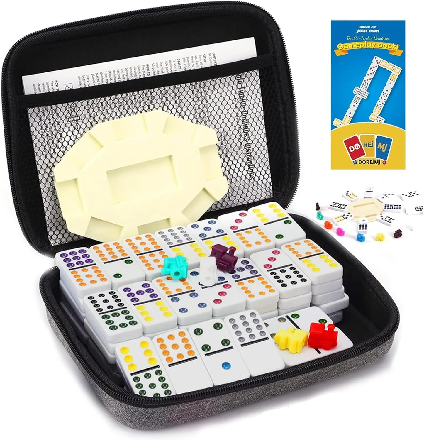 Double 12 Mexican Train Dominoes Set with 91 Colored Tiles, Travel Game with Portable Case, Classic Board Game for Family Nights for Kids and Adults