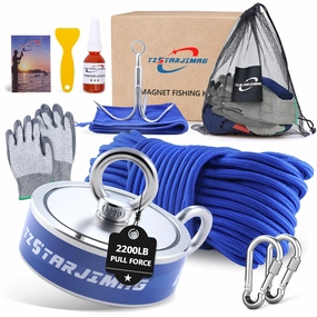 Double Side Magnet Fishing Kit, 2200 Lb Super Strong Neodymium Magnets with 66 Ft Rope, 3.85 Inch Large Magnetic Fishing Kit with Accessories for Treasure & Underwater Cleaning