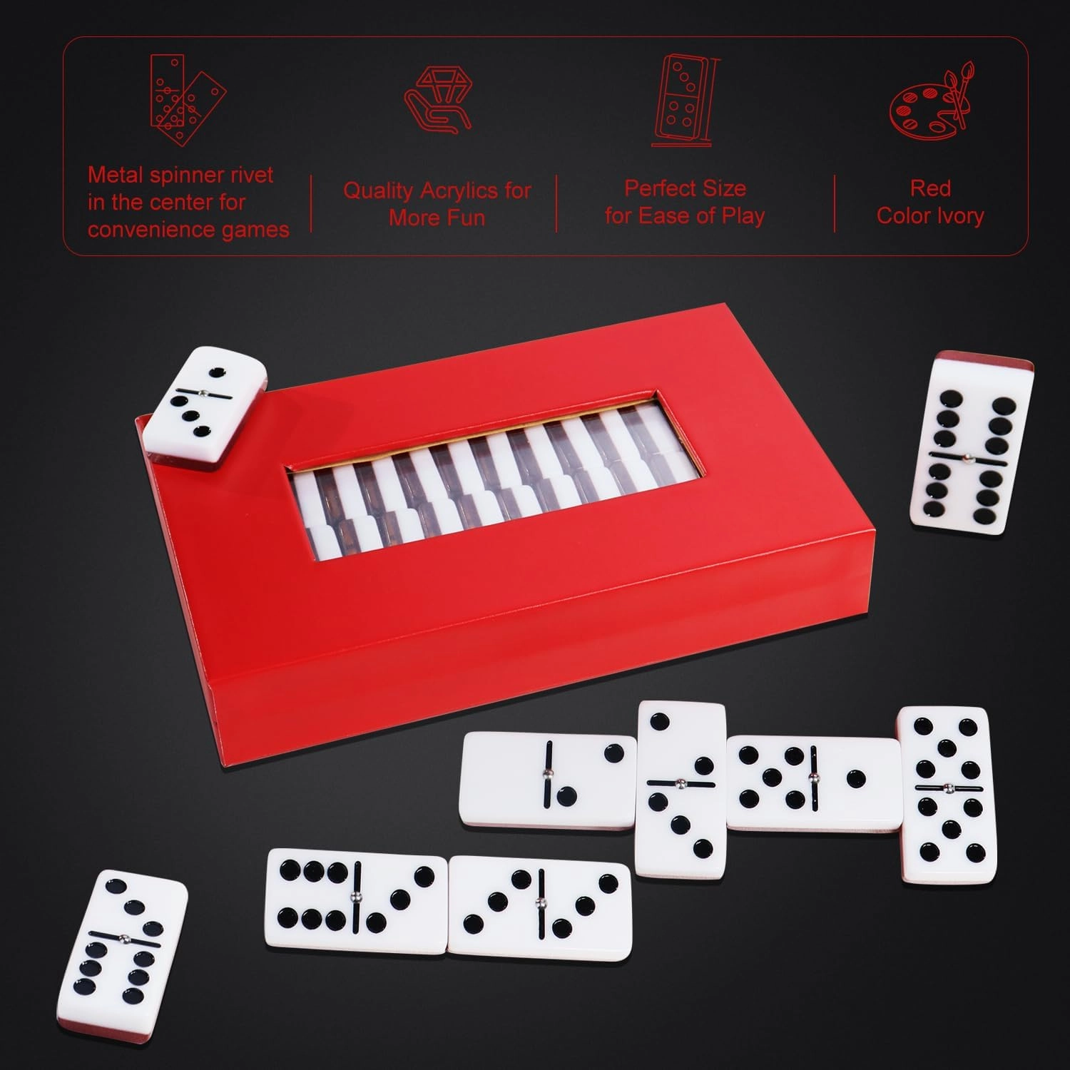 Double Six Standard Dominos Set 28 Tiles for Adults, Classic Numbers Table Games, Family Travel Dominos Games Night Ideal for 2-4 Players (Red)