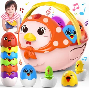 Easter Basket Chicken Egg for Toddler: Easter Basket Stuffers Musical with Light Gift for Girls Boys - Educational Color Matching Interactive Learning Hen Toys - Baby First Easter/Birthday Gifts