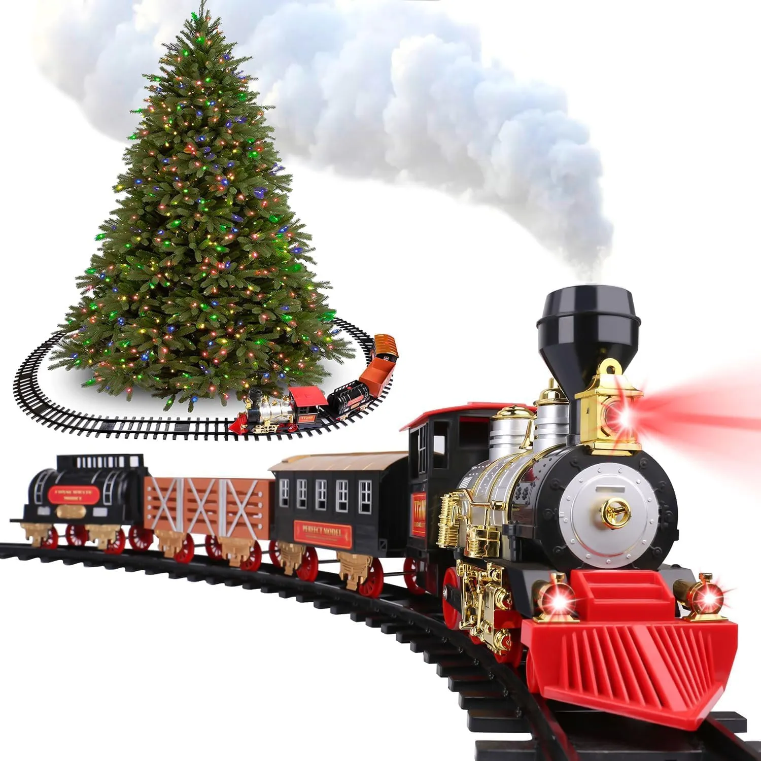 Easy Assembly, Perfect Holiday Decor for Kids and Adults Classic Christmas Train Set with Lights, Sounds with Realistic Smoke Effect