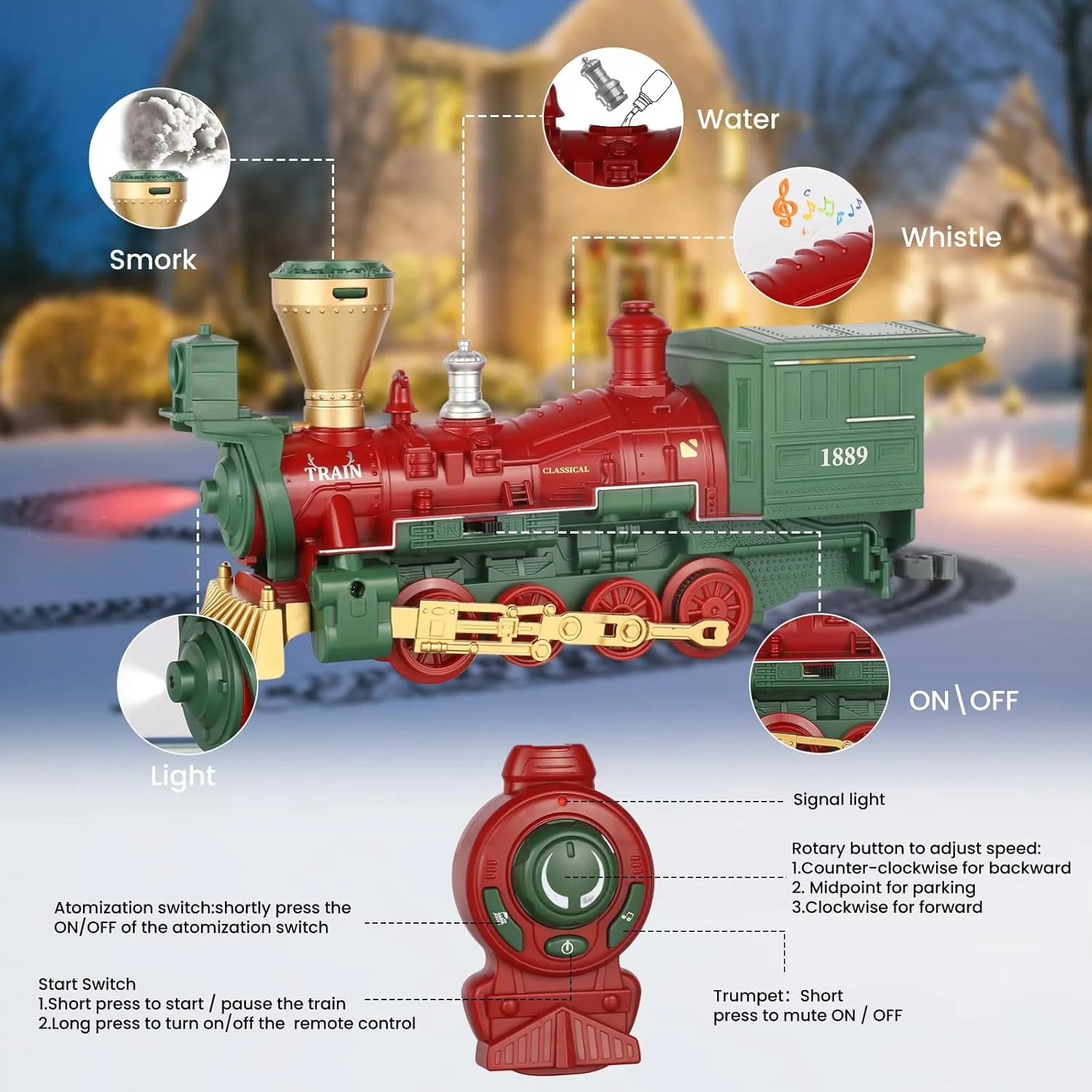 Electric Train Set Steam Toys with Remote Control,Christmas Train for Under The Trees with Smokes,Light & Sounds, for 3 4 5 6 7  Years Old Kids