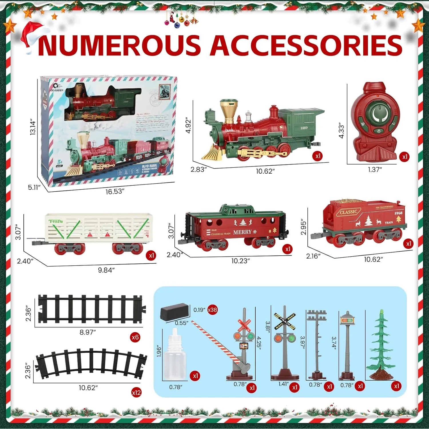 Electric Train Set Steam Toys with Remote Control,Christmas Train for Under The Trees with Smokes,Light & Sounds, for 3 4 5 6 7  Years Old Kids