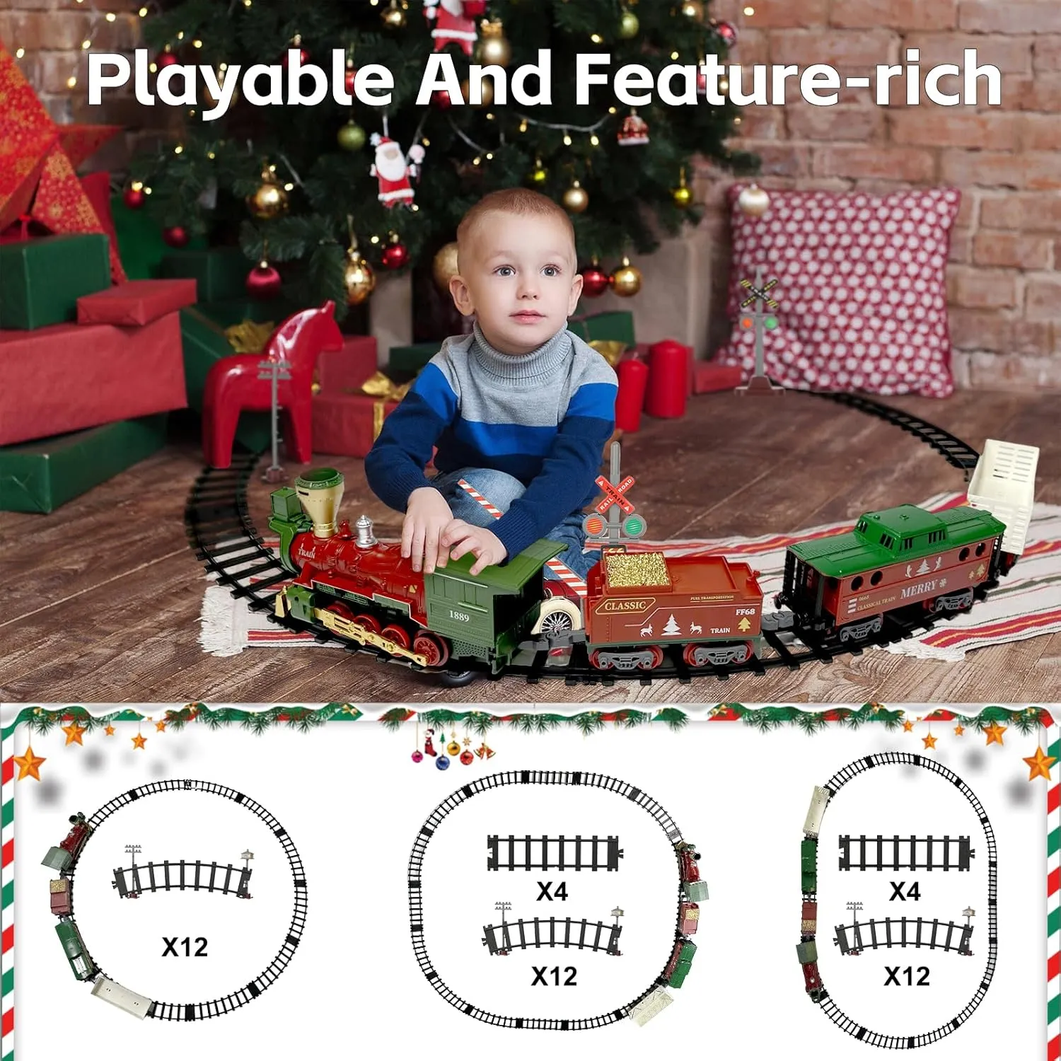 Electric Train Set Steam Toys with Remote Control,Christmas Train for Under The Trees with Smokes,Light & Sounds, for 3 4 5 6 7  Years Old Kids