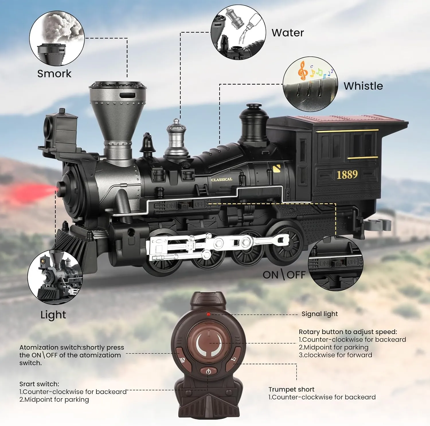 Electric Train Set Steam Train Toys with Remote Control Christmas Train for Under The Trees with Smokes,Light & Sounds, for 3 4 5 6 7  Years Old Kids