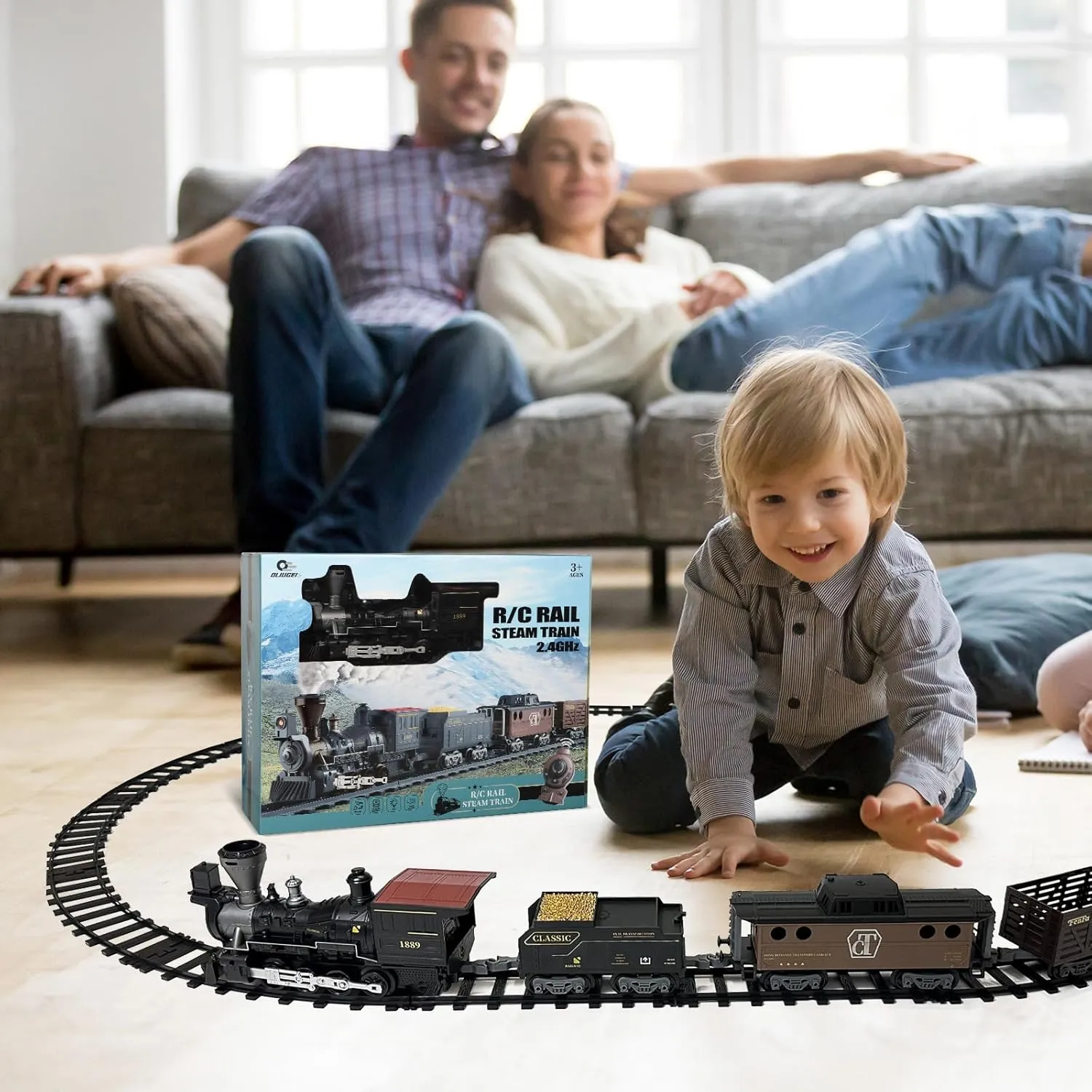 Electric Train Set Steam Train Toys with Remote Control Christmas Train for Under The Trees with Smokes,Light & Sounds, for 3 4 5 6 7  Years Old Kids