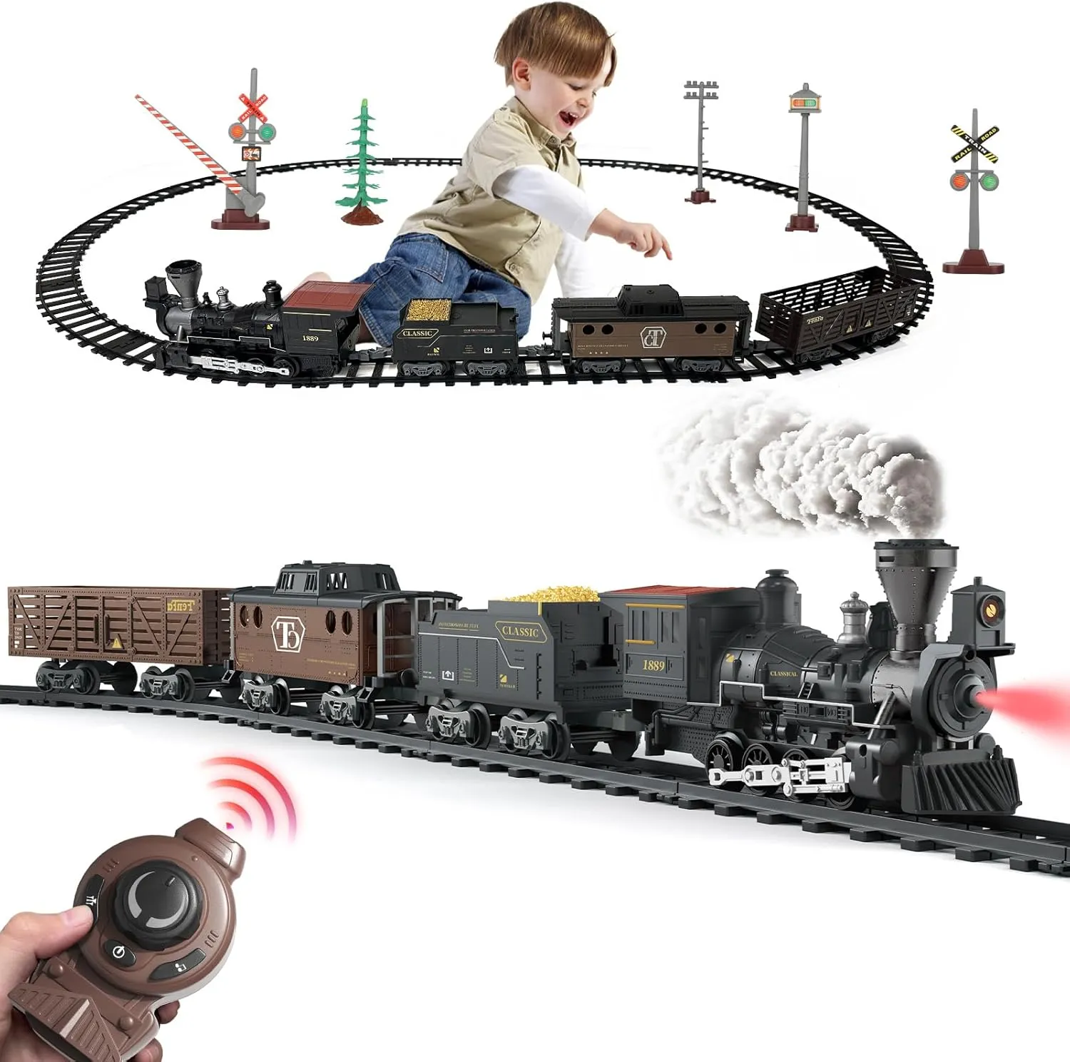 Electric Train Set Steam Train Toys with Remote Control Christmas Train for Under The Trees with Smokes,Light & Sounds, for 3 4 5 6 7  Years Old Kids