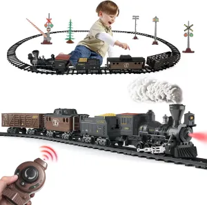 Electric Train Set Steam Train Toys with Remote Control Christmas Train for Under The Trees with Smokes,Light & Sounds, for 3 4 5 6 7  Years Old Kids