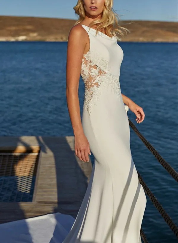 Elegant Trumpet Mermaid Cowl Neck Lace Elastic Satin Wedding Dress