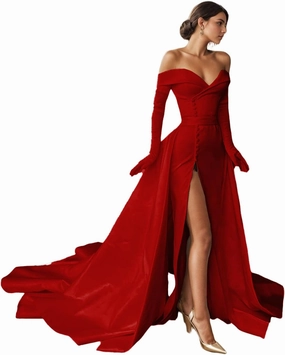 Elegant A-Line Off Shoulder Ivory Satin Wedding Party Gown Perfect Long Sleeve Court Train Formal Evening Gown 2025