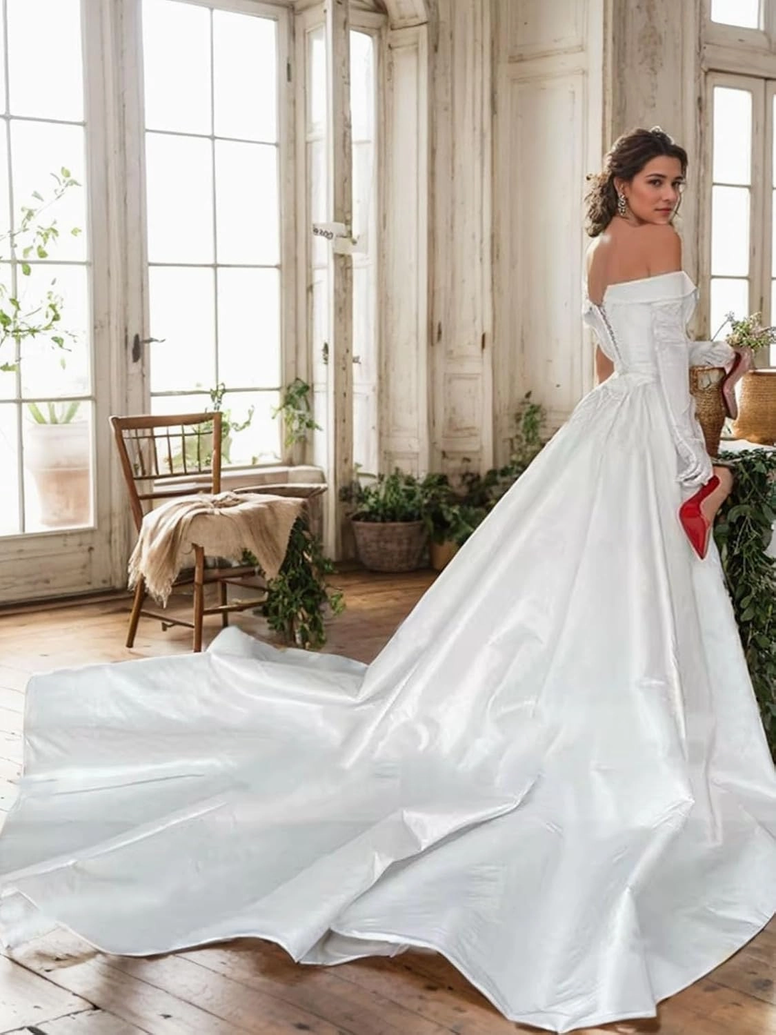 Elegant A-Line Off Shoulder Ivory Satin Wedding Party Gown Perfect Long Sleeve Court Train Formal Evening Gown 2025