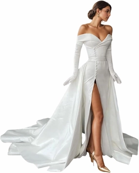 Elegant A-Line Off Shoulder Ivory Satin Wedding Party Gown Perfect Long Sleeve Court Train Formal Evening Gown 2025
