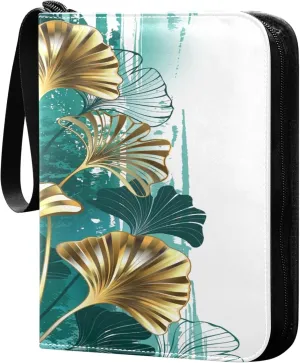 Exnundod 4 Pocket Trading Card Binder Gold Ginko Biloba, PU Leather Card Collection Binder Painted Turquoise Spring 400 Cards Organizer Binder Collectible Trading Card Albums for Sports Game Card