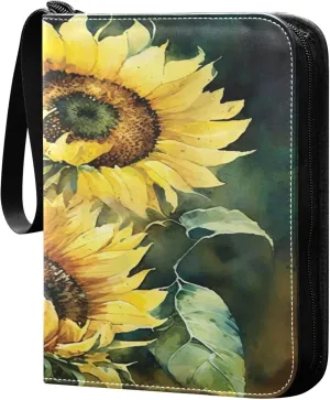 Exnundod Sunflower Watercolor Painted Trading Card Binder for Cards, Spring Floral Card Album 4-Pockets for 400 Cards with Removable Sleeves PU Baseball Card Holder Football Sports Card Collection