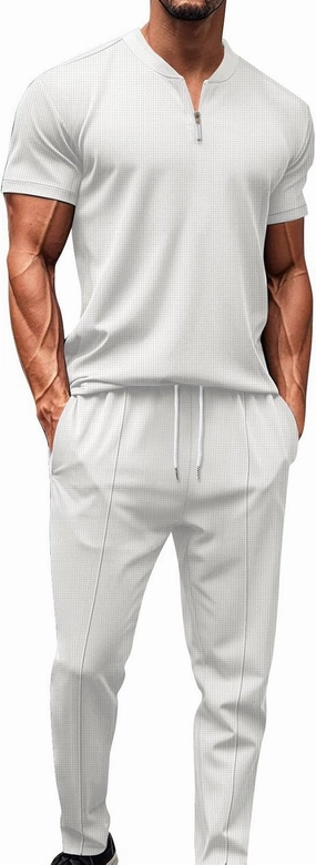 Fashion Set for Mens 2 Piece Stand Collar Small Zipper Short Sleeve Waffle Shirts Long Pants Muscle Fit Sport Clothes
