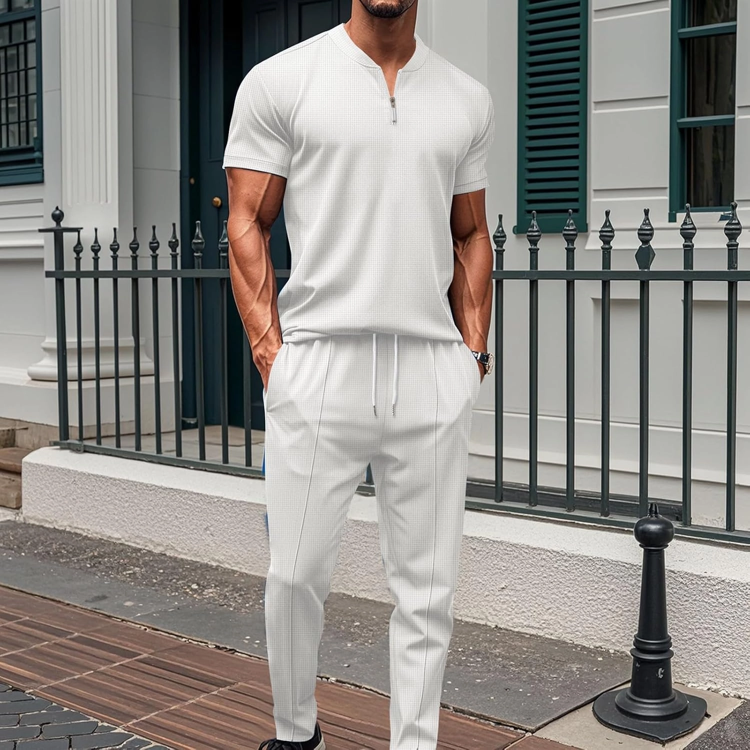Fashion Set for Mens 2 Piece Stand Collar Small Zipper Short Sleeve Waffle Shirts Long Pants Muscle Fit Sport Clothes