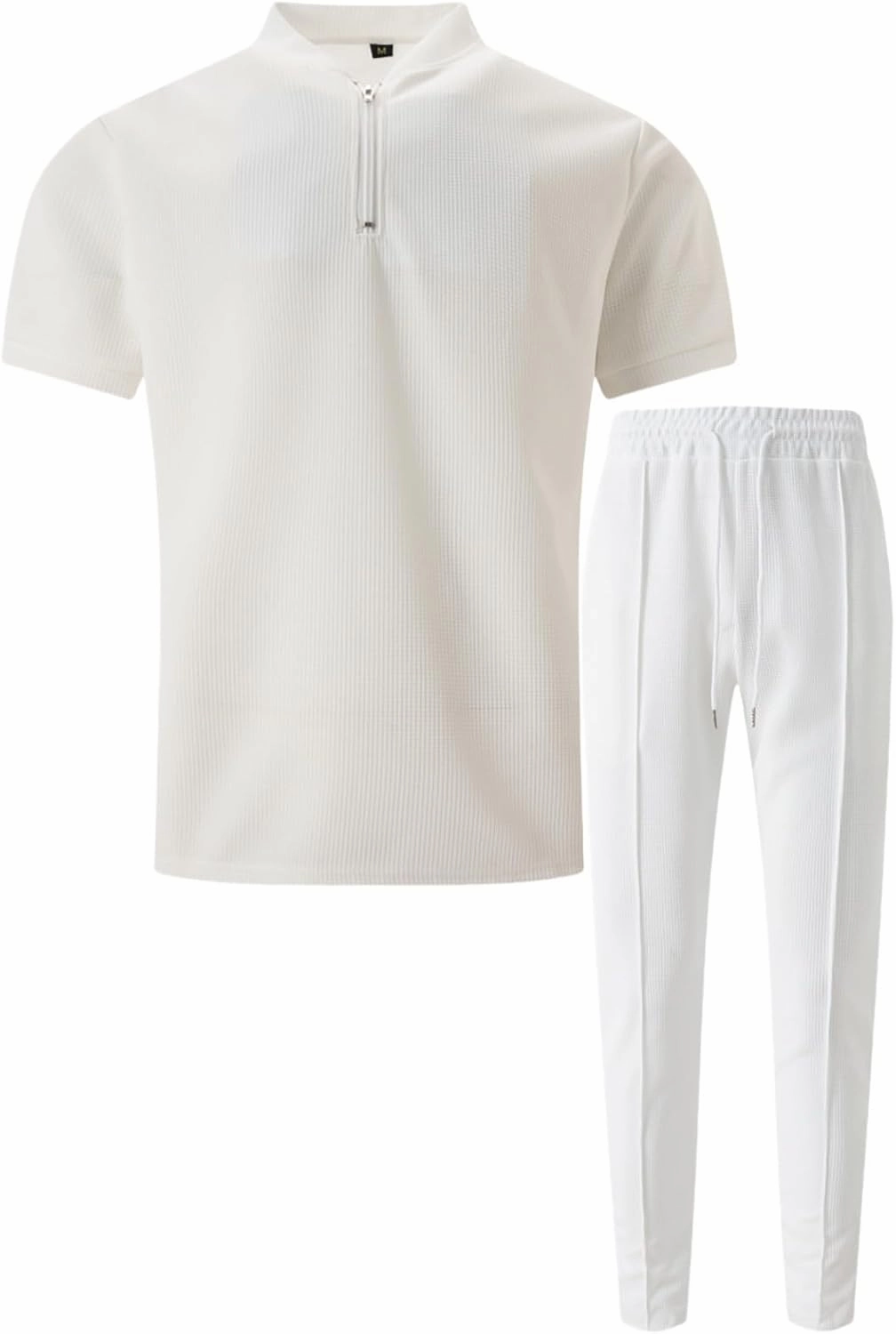 Fashion Set for Mens 2 Piece Stand Collar Small Zipper Short Sleeve Waffle Shirts Long Pants Muscle Fit Sport Clothes