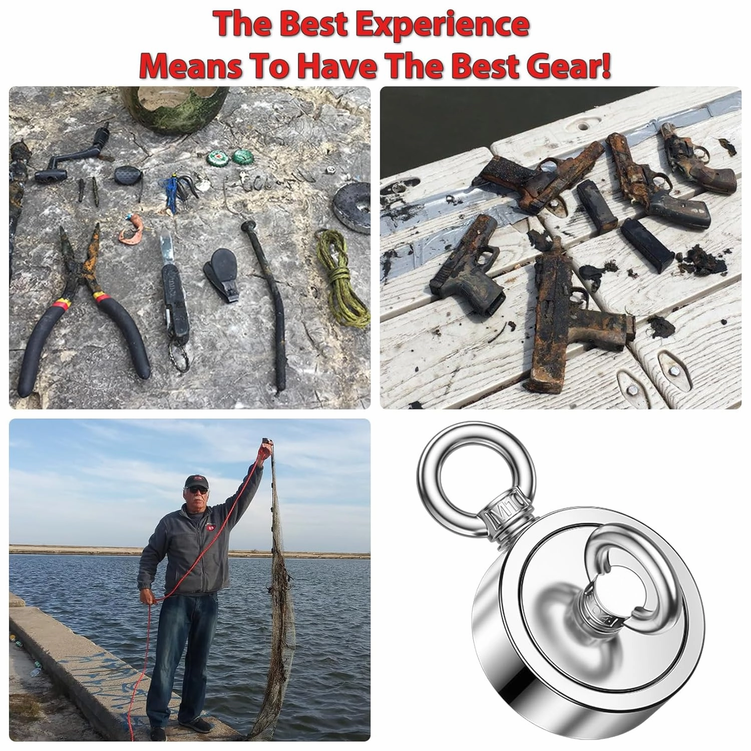 FINDMAG Double Sided Magnet Fishing Kit with Rope, Fishing Magnets 1000 lbs Pulling Force Magnet Fishing Kit for Retrieving Items in River, Lake, Beach, Lawn, 2.95" Diameter