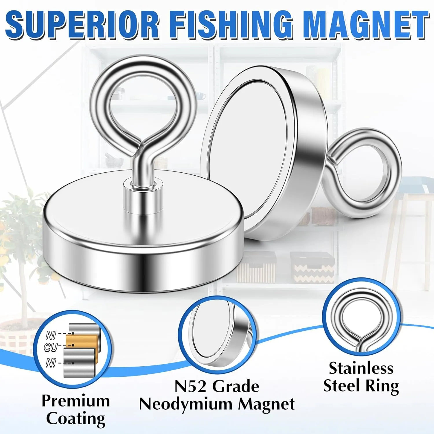 Fishing Magnet, 500 lbs Pulling Force, 2.36 inch Rare Earth Magnet Heavy Duty, Strong Magnet with Durable Internal Thread for Magnetic Fishing, Treasure Hunting, and Metal Item Retrieval
