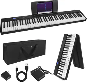Folding Piano Keyboard,Kmise Electric Keyboard 88 Keys Semi-Weighted Digital Foldable with Bluetooth MIDI Sustain Pedal,Music Sheet Holder,Carrying Bag
