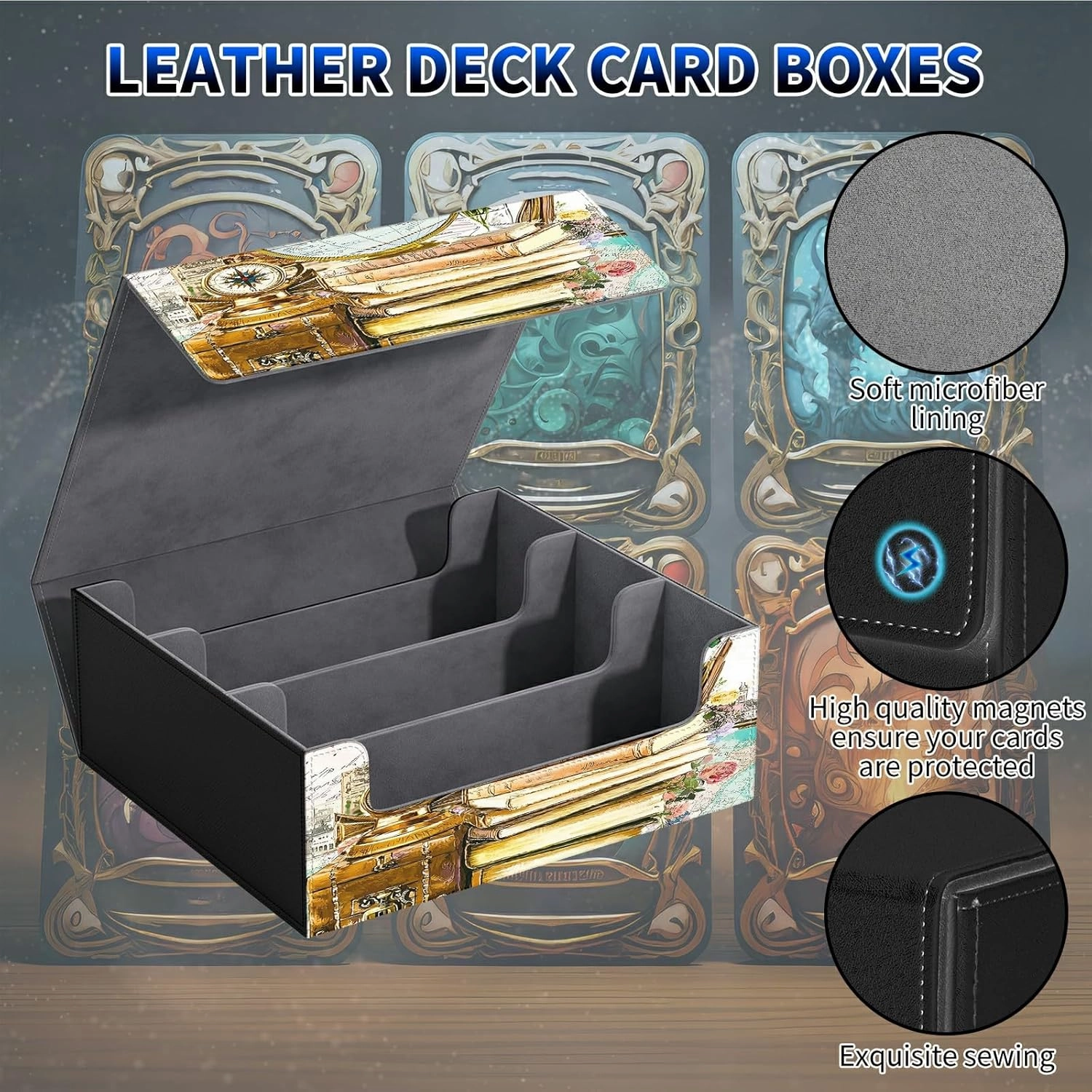 for MTG Commander Deck Box Fit Trading Cards, 1800  Sleeved Cards with PU Leather Magnetic Large Card Storage Case for TCG CCG Magic Sports Cards Man Woman Gift, Retro Map
