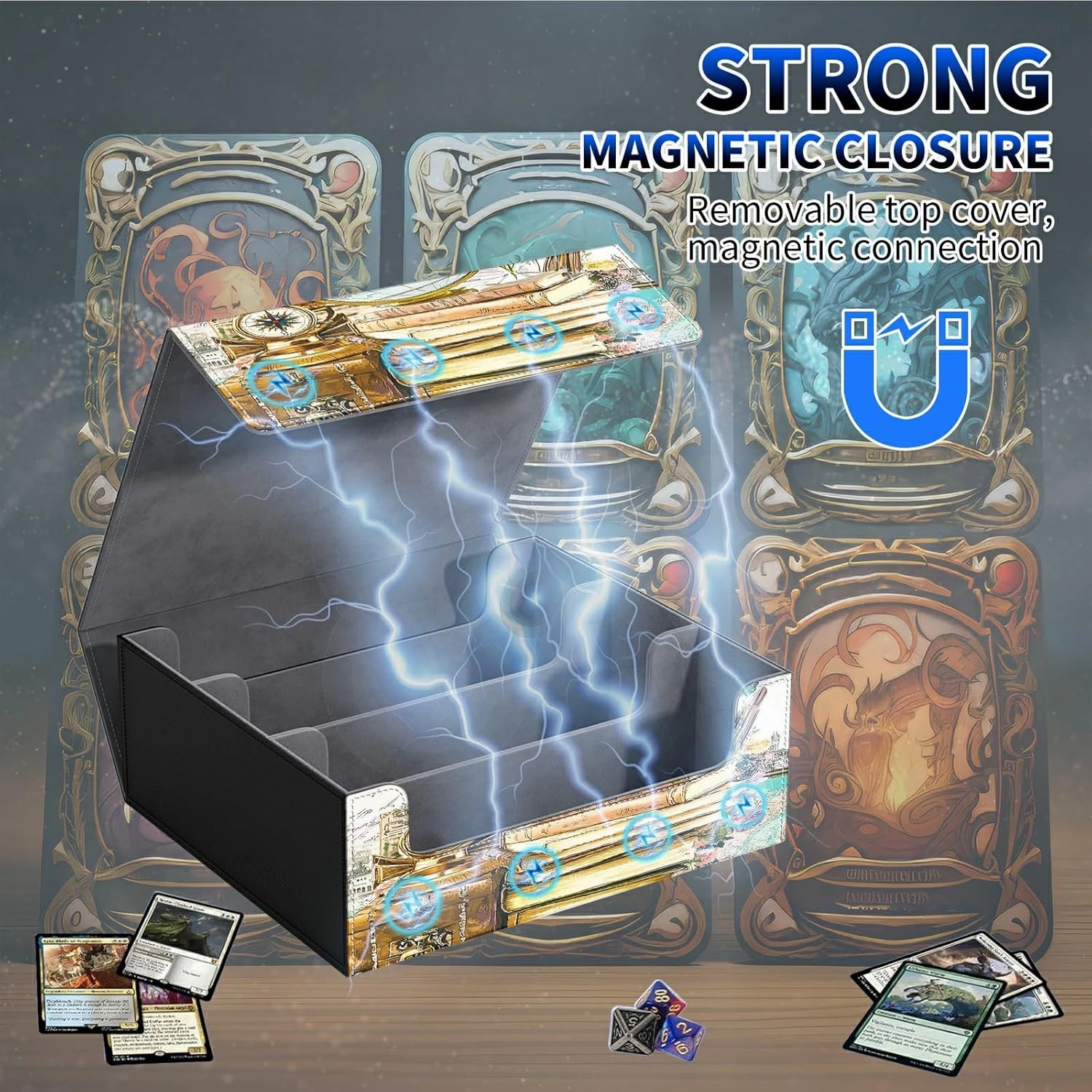 for MTG Commander Deck Box Fit Trading Cards, 1800  Sleeved Cards with PU Leather Magnetic Large Card Storage Case for TCG CCG Magic Sports Cards Man Woman Gift, Retro Map