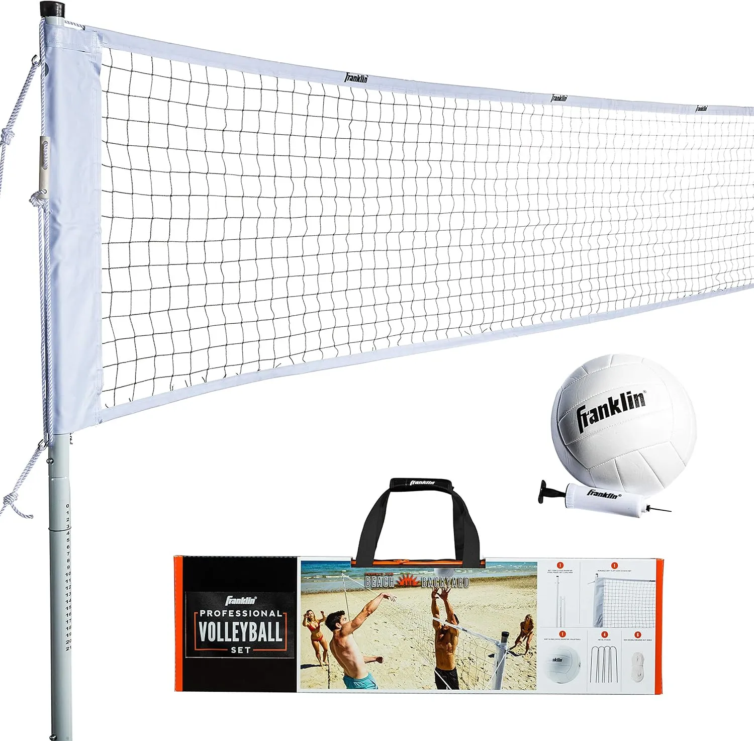 Franklin Sports Outdoor Volleyball Net Sets - Beach   Backyard Portable Volleyball Net with Poles - Complete Outdoor Volleyball Sets with Net   Volleyball Included