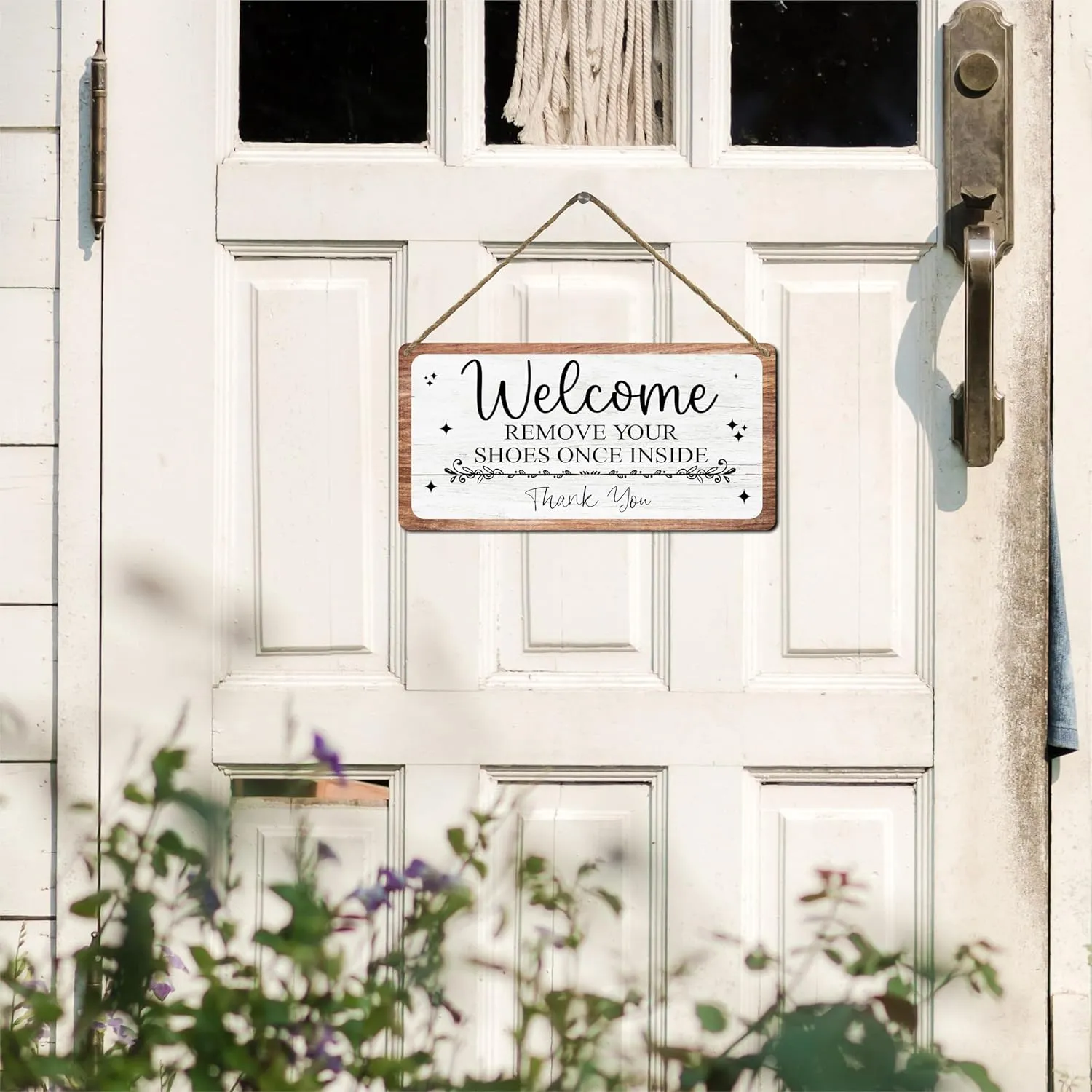 Front Door Hanging Sign With Sisal Rope, Welcome Remove Your Shoes Once Inside, Rustic Farmhouse Decorations, Indoor Outdoor Home Porch Wall Decor, Housewarming Gift(11.8 x 5.9 Inches) - B01