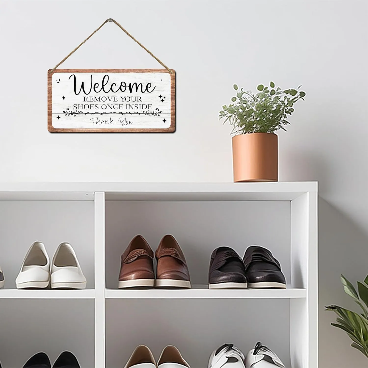 Front Door Hanging Sign With Sisal Rope, Welcome Remove Your Shoes Once Inside, Rustic Farmhouse Decorations, Indoor Outdoor Home Porch Wall Decor, Housewarming Gift(11.8 x 5.9 Inches) - B01