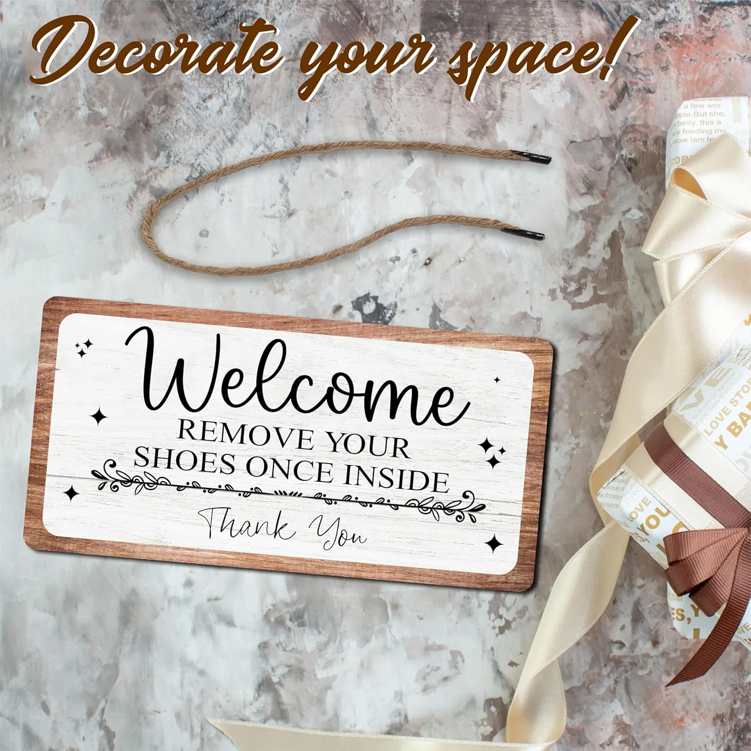 Front Door Hanging Sign With Sisal Rope, Welcome Remove Your Shoes Once Inside, Rustic Farmhouse Decorations, Indoor Outdoor Home Porch Wall Decor, Housewarming Gift(11.8 x 5.9 Inches) - B01