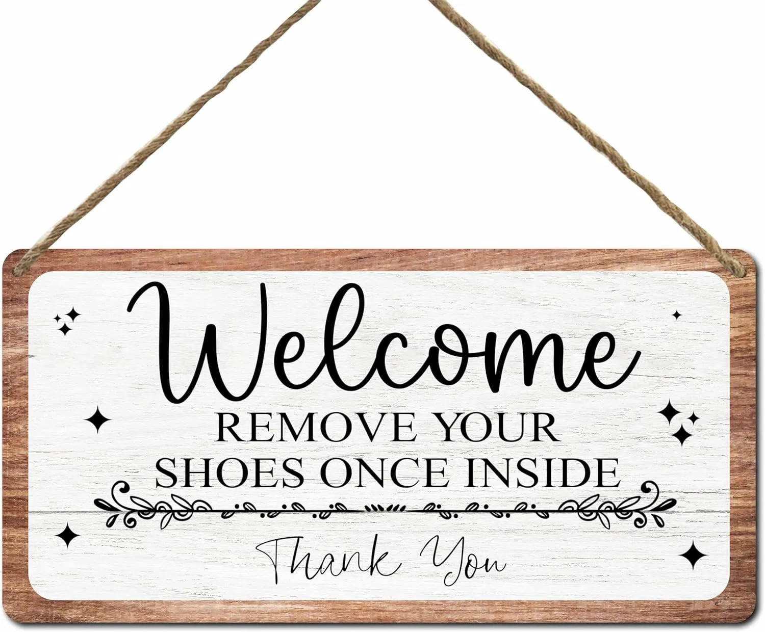 Front Door Hanging Sign With Sisal Rope, Welcome Remove Your Shoes Once Inside, Rustic Farmhouse Decorations, Indoor Outdoor Home Porch Wall Decor, Housewarming Gift(11.8 x 5.9 Inches) - B01