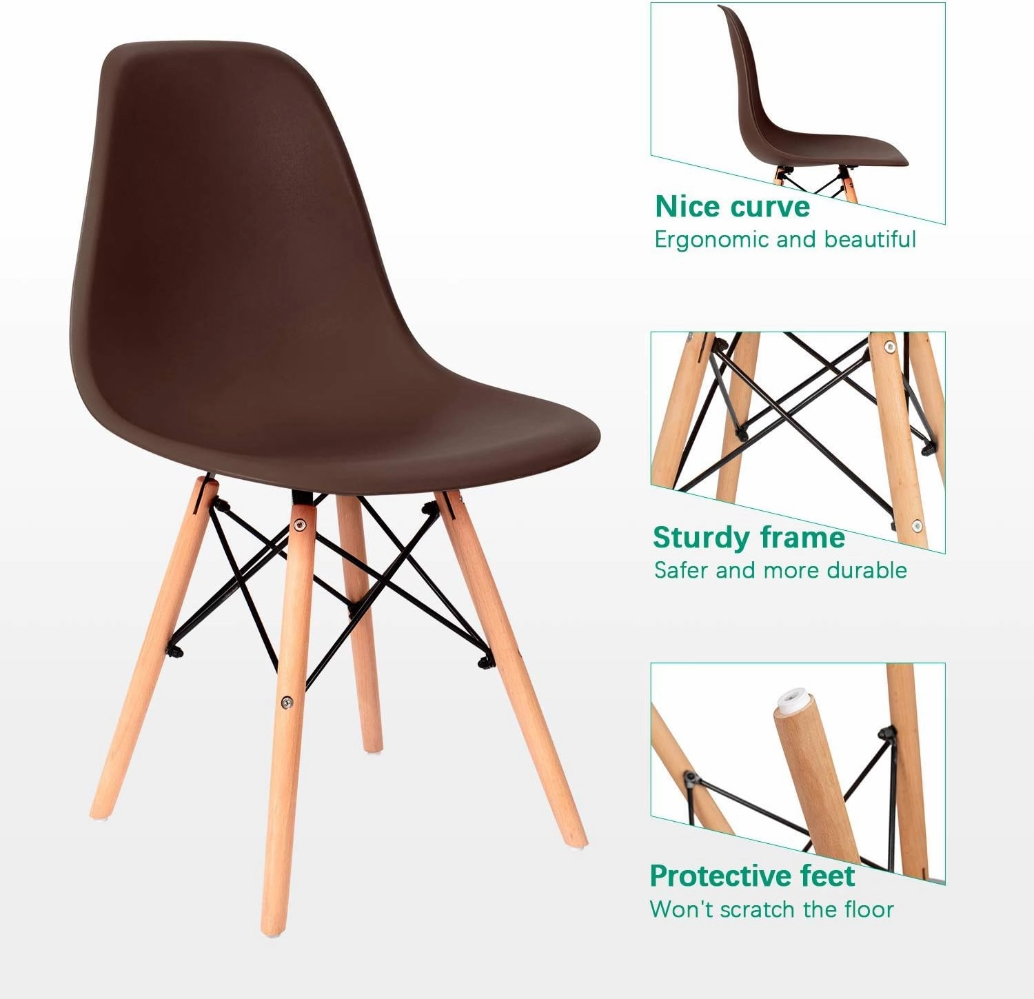 Furniwell Pre Assembled Modern Dining Chairs Mid Century Kitchen Chair Set Eiffel DSW Side Chair Indoor Plastic Shell Chairs Set of 4 (Brown)