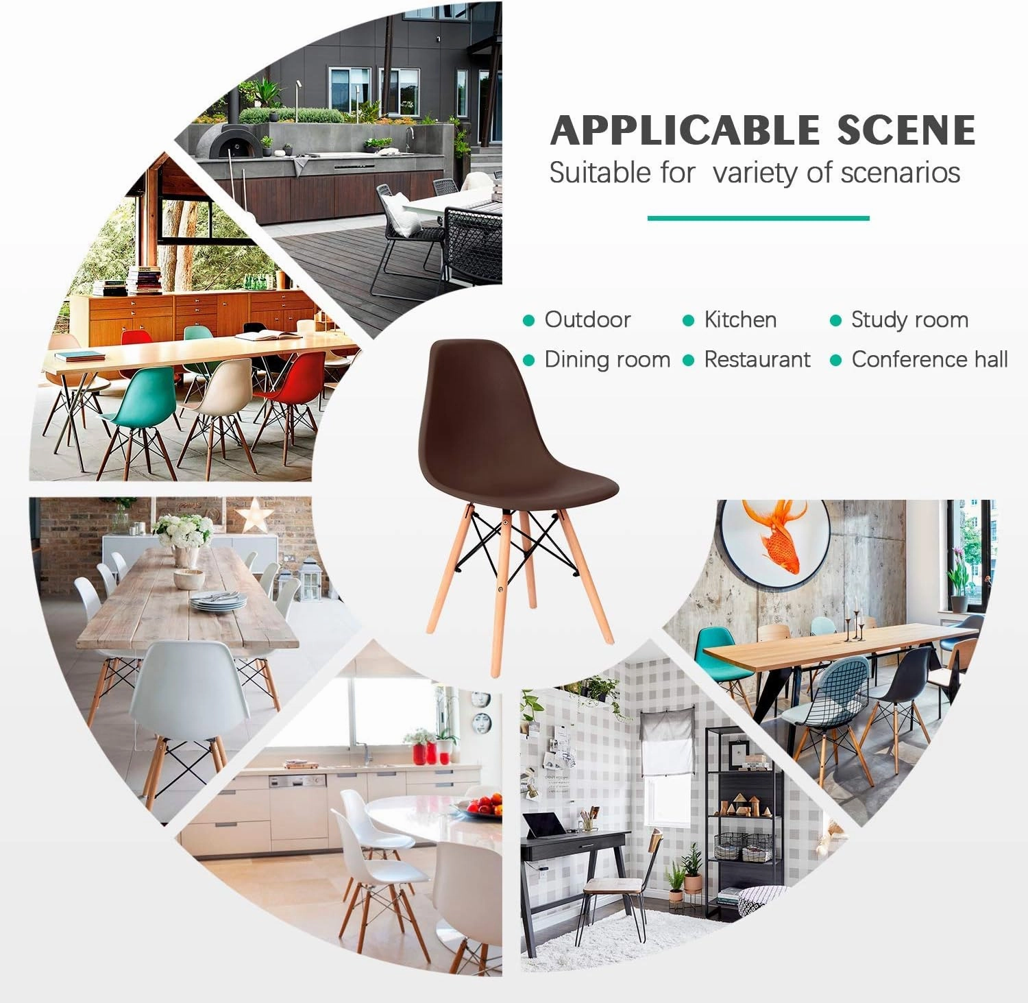 Furniwell Pre Assembled Modern Dining Chairs Mid Century Kitchen Chair Set Eiffel DSW Side Chair Indoor Plastic Shell Chairs Set of 4 (Brown)
