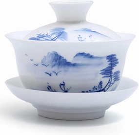 Gai Wan Tea Cup, Gaiwan Tea Set for Chinese Gong Fu Tea Ceremony To Brew Loose Oolong or Black & Green Flower Tea（Blue and white porcelain）