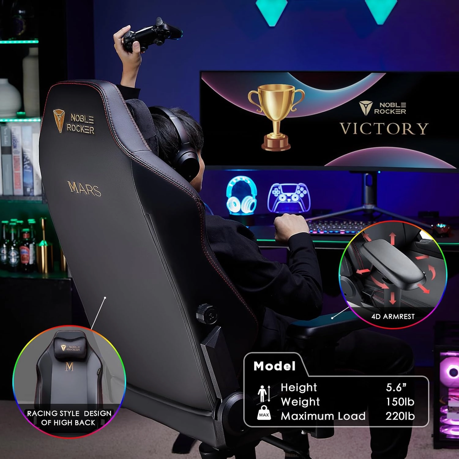 Gaming Chair Ergonomic PC Game Chair- Lumbar Support Headrest 4D Armrests Computer Chair, Big and Tall Comfortable Large, Rolling, Ergonomic, Cushion Availability, Metal, Black