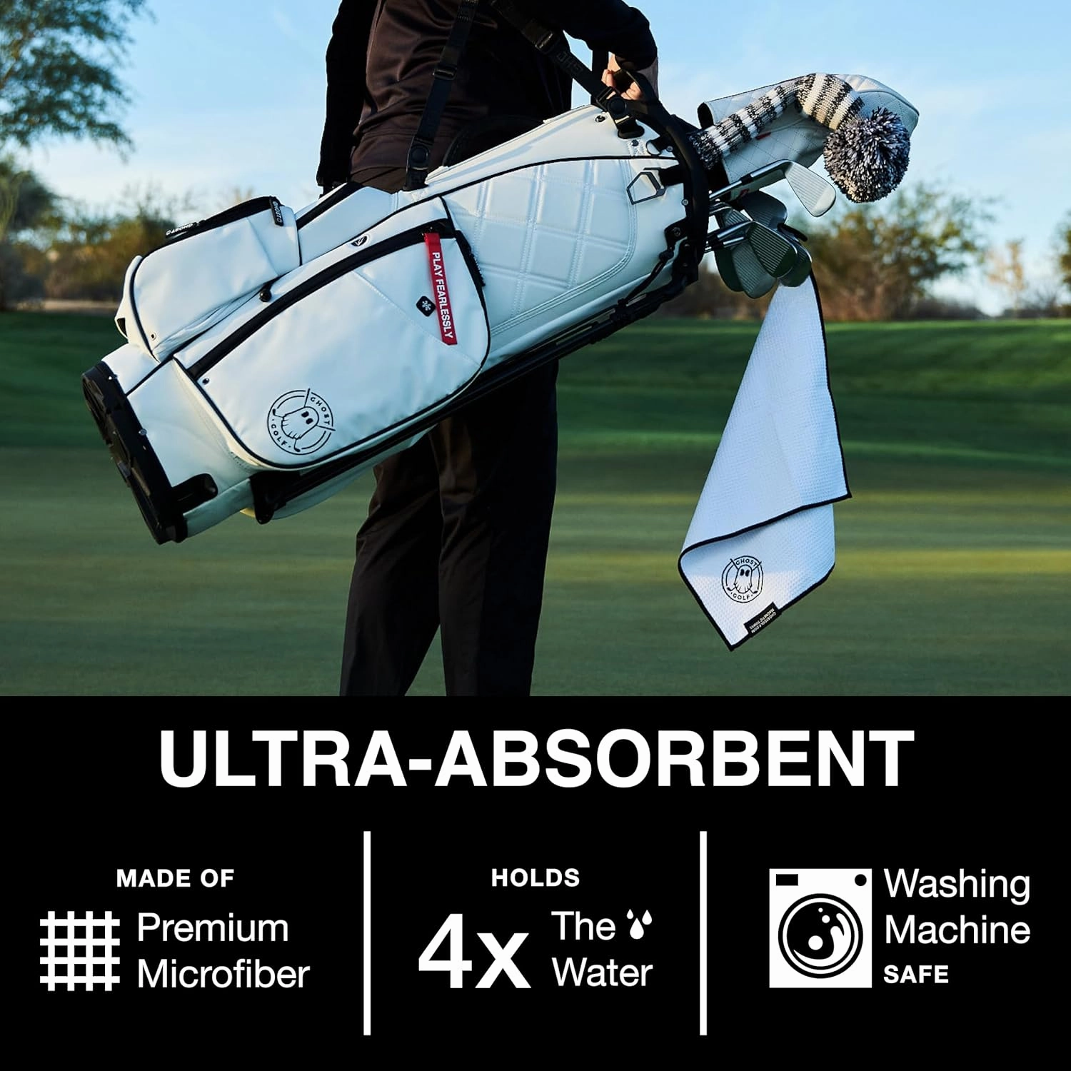 Ghost Golf Magnetic Towel (Greenside) - Premium Ultra-Absorbent Microfiber Golf Towel with Magnet for Golf Carts or Clubs - 18" x 18" Golfing Gear - Waffle Weave Pattern (Dark Grey)
