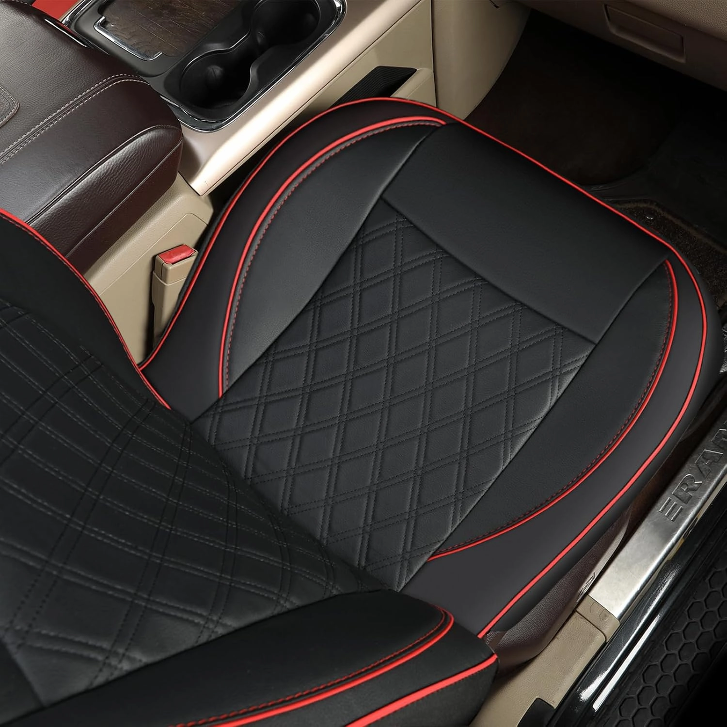 GIANT PANDA 2-Pack Front Car Seat Cover for Ram, Piping Leather Bucket Seat Covers Custom Fit Dodge Ram 1500 2500 3500 Trucks,Luxury Seat Protectors (Black Red)