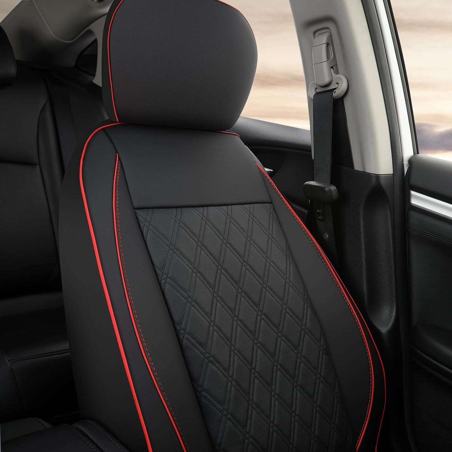 GIANT PANDA 2-Pack Front Car Seat Cover for Ram, Piping Leather Bucket Seat Covers Custom Fit Dodge Ram 1500 2500 3500 Trucks,Luxury Seat Protectors (Black Red)