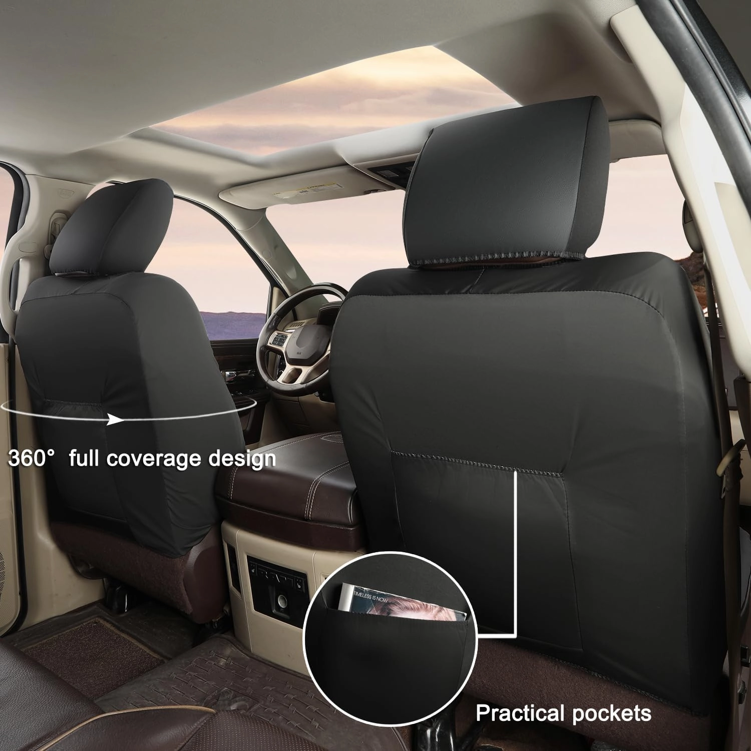 GIANT PANDA 2-Pack Front Car Seat Cover for Ram, Piping Leather Bucket Seat Covers Custom Fit Dodge Ram 1500 2500 3500 Trucks,Luxury Seat Protectors (Black Red)