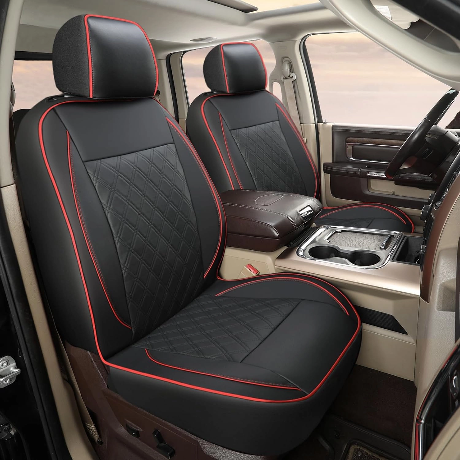 GIANT PANDA 2-Pack Front Car Seat Cover for Ram, Piping Leather Bucket Seat Covers Custom Fit Dodge Ram 1500 2500 3500 Trucks,Luxury Seat Protectors (Black Red)