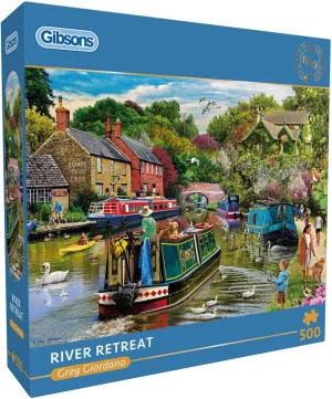 Gibsons River Retreat 500 Piece Jigsaw Puzzle Beautiful Colourful Artwork Canal Boats Nostalgic Sustainable Jigsaw Puzzle for Adults Teens Premium 100% Recycled Board Great Gift | Gibsons Games