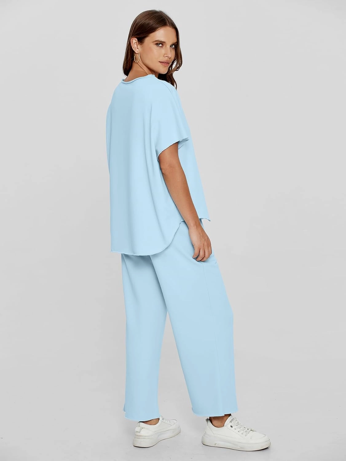 Glamaker Women's Two Piece Travel Lounge Outfits Matching Sets Crew Neck Pullover Tops Wide Leg Pants Airplane Outfits