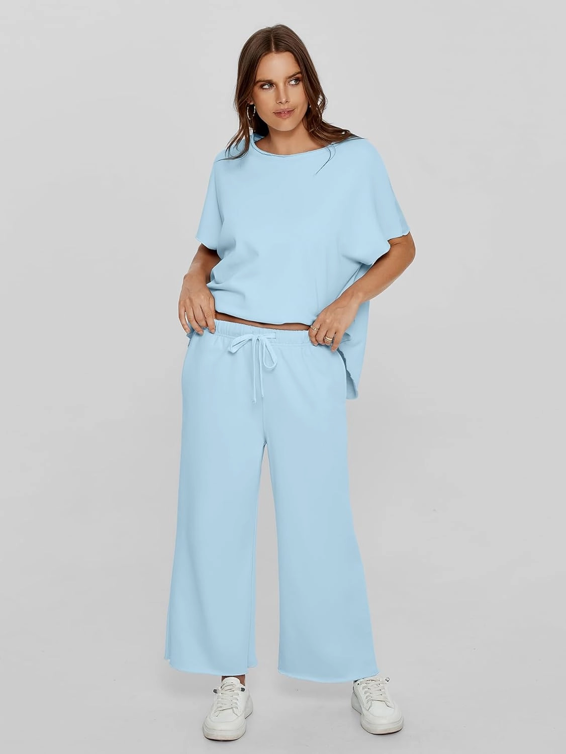 Glamaker Women's Two Piece Travel Lounge Outfits Matching Sets Crew Neck Pullover Tops Wide Leg Pants Airplane Outfits
