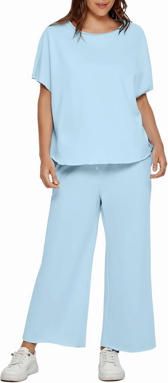 Glamaker Women's Two Piece Travel Lounge Outfits Matching Sets Crew Neck Pullover Tops Wide Leg Pants Airplane Outfits