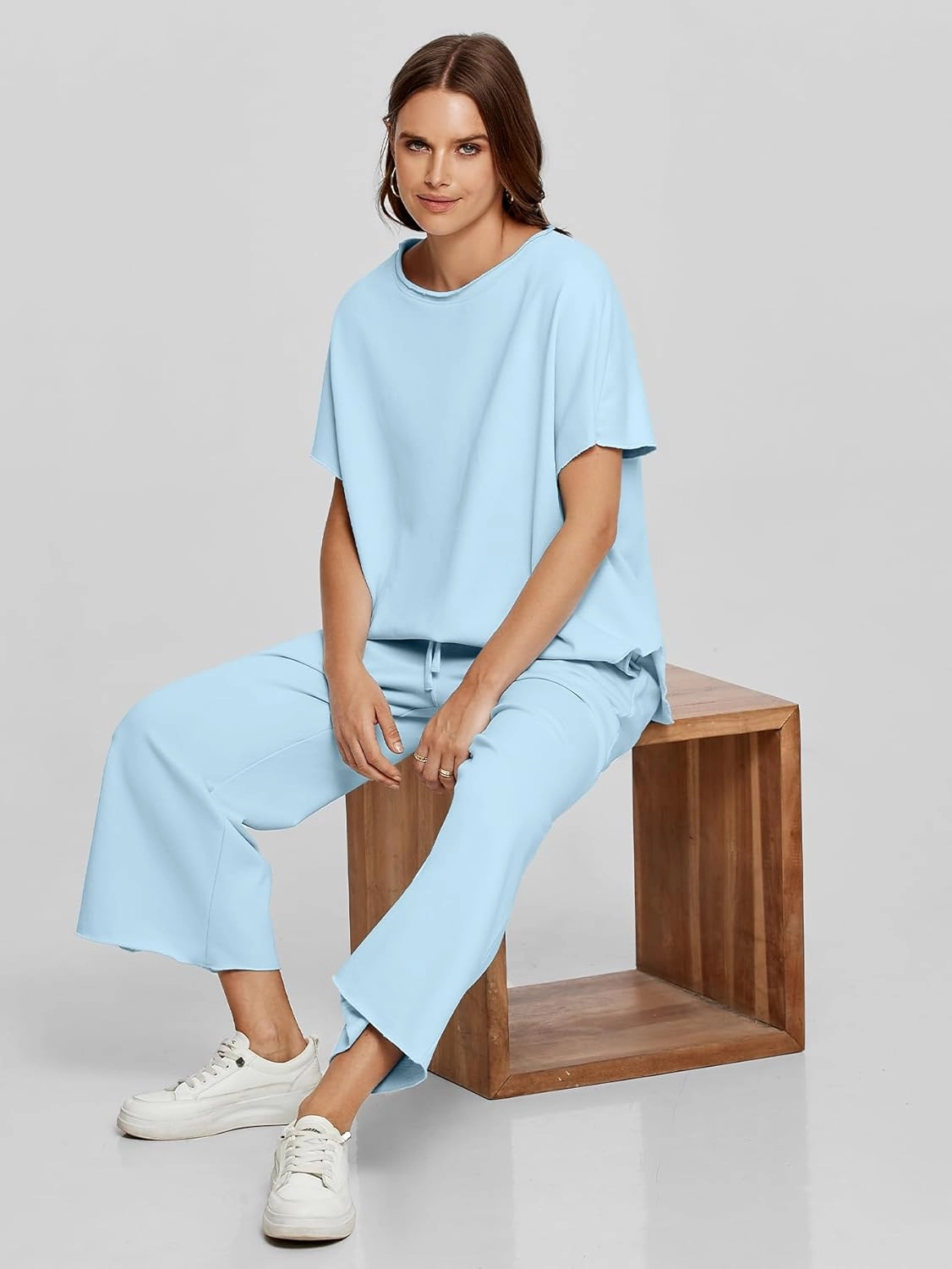 Glamaker Women's Two Piece Travel Lounge Outfits Matching Sets Crew Neck Pullover Tops Wide Leg Pants Airplane Outfits