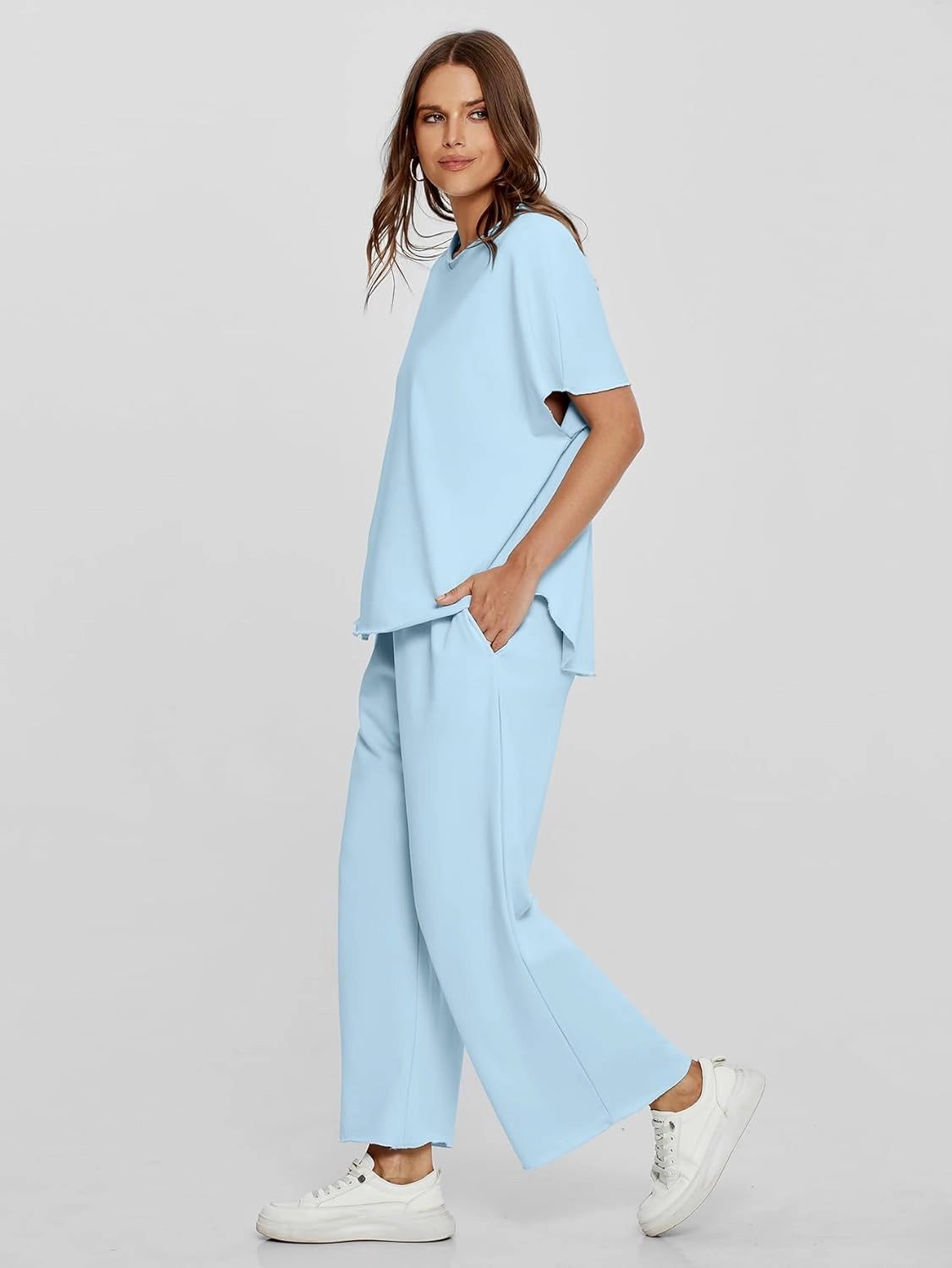 Glamaker Women's Two Piece Travel Lounge Outfits Matching Sets Crew Neck Pullover Tops Wide Leg Pants Airplane Outfits
