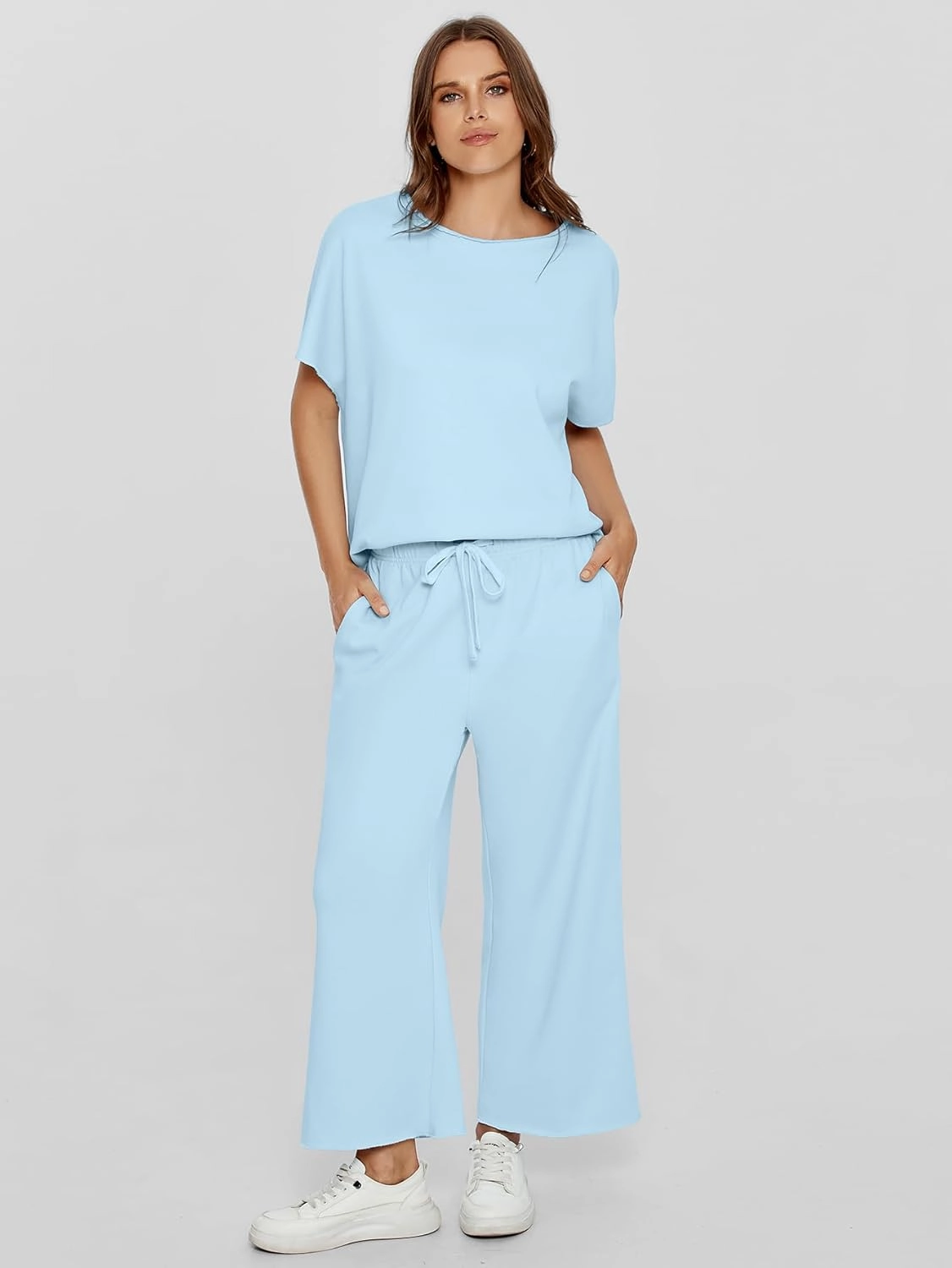 Glamaker Women's Two Piece Travel Lounge Outfits Matching Sets Crew Neck Pullover Tops Wide Leg Pants Airplane Outfits