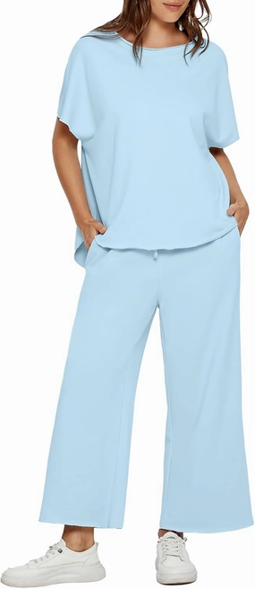Glamaker Women's Two Piece Travel Lounge Outfits Matching Sets Crew Neck Pullover Tops Wide Leg Pants Airplane Outfits