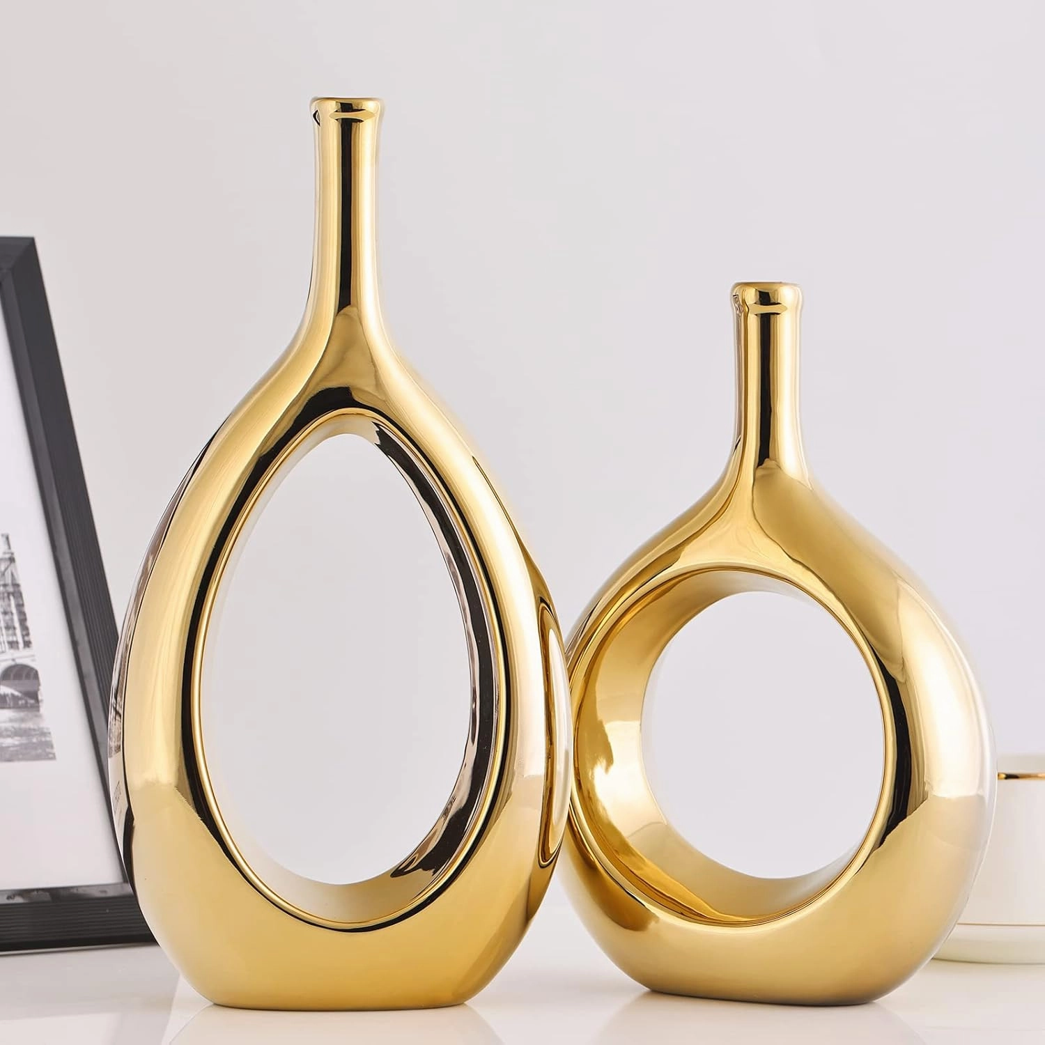Glossy Gold Ceramic Vase Set 2,Modern Hollow Circle with Hole Flower Vase for Home Decor,for Table Centerpieces,Farmhouse,Fire Place,Living Room,Bedroom,Office,Bookshelf,Rustic Decor